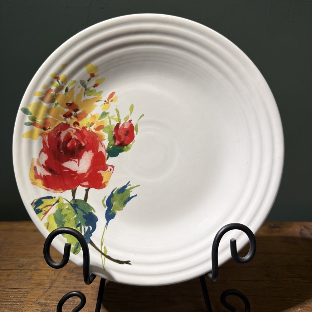 Floral Bouquet White Fiesta Decal Red Rose Yellow Flowers Luncheon Plate 9"